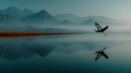 Majestic bird in flight over tranquil lake reflection serene landscape peaceful environment
