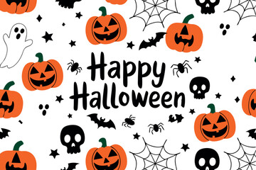 Happy halloween greeting with pumpkins skulls spiders bats and stars on a white background