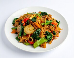 Plate of stir-fried noodles with colorful vegetables, meat and sauce. Noodles are brown