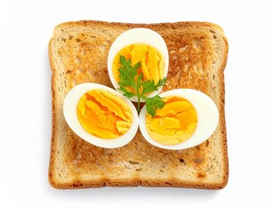 A toasted bread slice topped with three halved hard-boiled eggs and a sprig of parsley