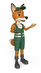 Fox character in green uniform, posed with an open hand gesture