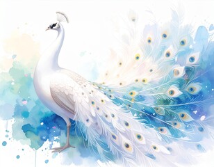 Elegant white peacock with flowing, iridescent tail feathers