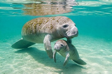 Underwater photo of a mother manatee swimming with her calf in clear, shallow water. Peaceful marine life scene showcasing maternal care in nature and the beauty of aquatic wildlife.