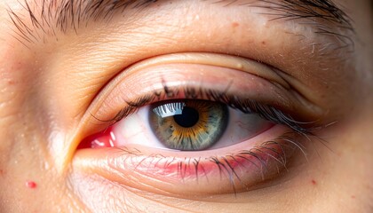 Obraz premium Close-up view of a person's eye with hazel iris, showing skin details and eyelashes