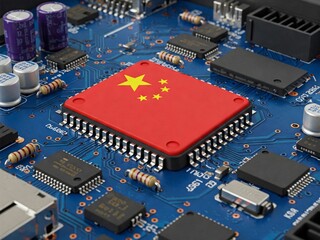 Flag of China on a processor, CPU Central processing Unit or GPU microchip on a motherboard. China is world's largest chip manufacturer, demonstrating the country's superiority in global supply chain.