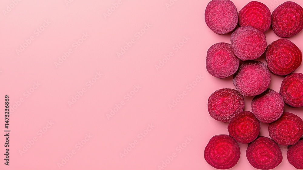 Poster sliced beetroots arranged on the right side of a pink background, creating a vibrant and minimalisti
