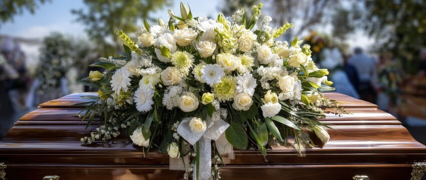 Casket adorned with white floral arrangement at an outdoor memorial service.