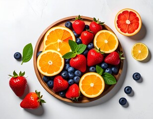 A vibrant assortment of fresh fruits arranged artfully on a round wooden plate, with bright colors