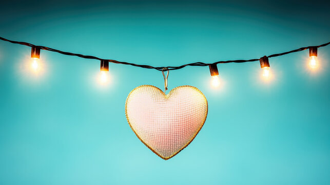 heart shaped decoration with lights on blue background
