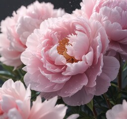 Full bloom peonies, dew drops on petals, soft light ,  background,  green
