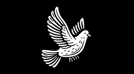 Obraz premium A white, stylized dove with spread wings, depicted in a linework illustration against a dark background. It evokes peace and freedom