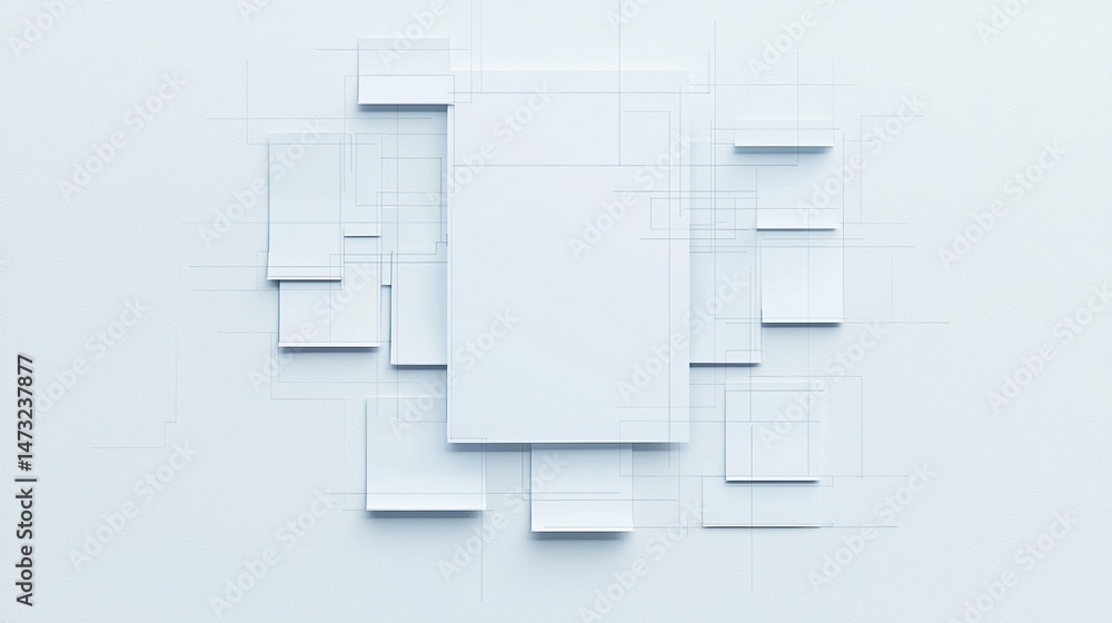 Poster minimalist abstract geometric composition with layered white squares and rectangles on a light backg