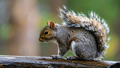 Obraz premium Squirrel perched on a wooden ledge, tail curved upwards, against a blurry forest background