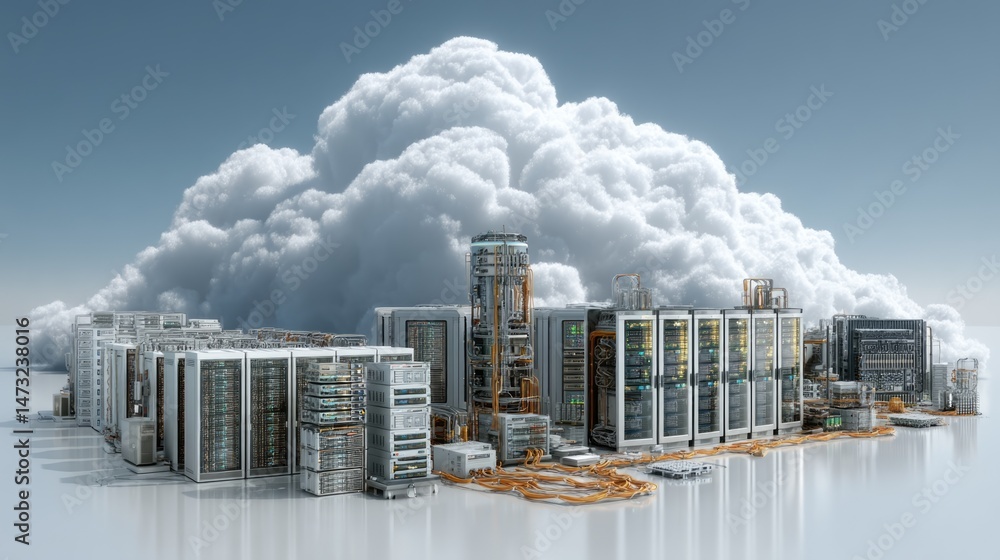 Poster cloud computing infrastructure with server racks amidst dramatic clouds digital landscape high angle