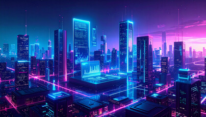 Cyberpunk city tall buildings glow with neon lines and screens in an advanced technological setting