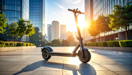 Scooter in city, sunlight gleams behind buildings; lush trees