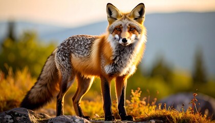 Fox stands alert on rocky terrain under warm sunset lighting near distant mountains
