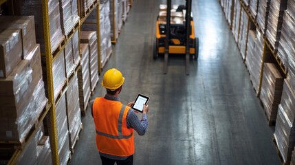 Warehouse worker using a tablet. Worker in a warehouse, reviewing inventory, or guiding forklift