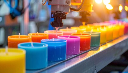 Robotic arm making vibrant colorful candles on conveyor belt, factory