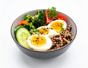 Healthy grain bowl featuring eggs, assorted vegetables, and a vibrant mix of colors and textures