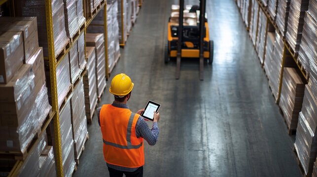 Warehouse worker using a tablet.  Worker in a warehouse, reviewing inventory, or guiding forklift