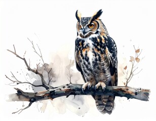 Watercolor owl perches on a branch, watchful eyes gleaming in artful detail