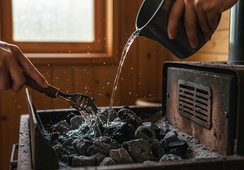Hands pouring water onto hot coals in a wood burning stove for sauna