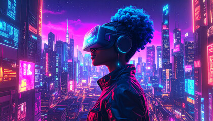 Person using VR headset in vibrant cityscape, illuminated by neon lights, future technology