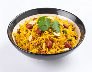 Yellow rice with peanuts and cilantro served in a black and white bowl
