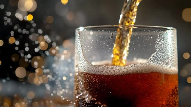 Close up of refreshing cold soda beverage being poured into glass with ice, showing fizzy bubbles, condensation, and splashes, creating energetic and inviting carbonated drink perfect for cool - Powered by Adobe