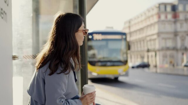 A young woman waits at a bus stop in the city, holding a coffee cup on a sunny morning, encapsulating urban daily life. Young Woman Waiting at Bus Stop in Morning City Life