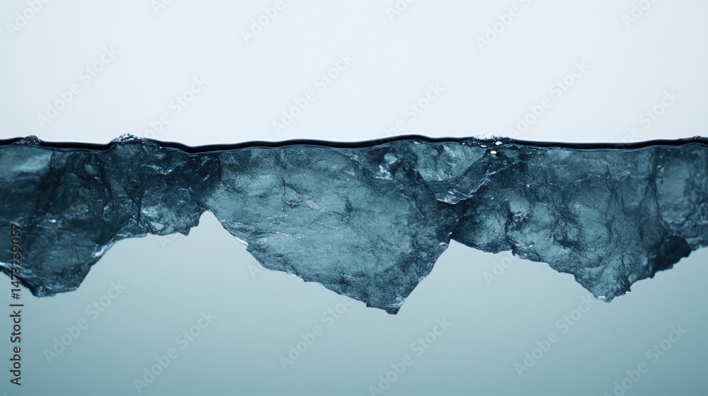 Poster a close-up view of a jagged ice block floating on the surface of still, clear water.