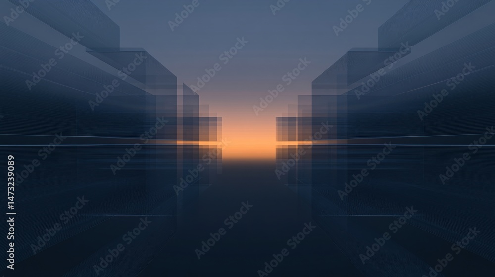 Poster a digital abstract scene with transparent geometric shapes, creating a futuristic corridor effect to