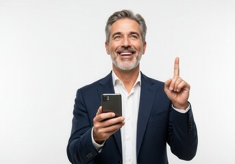 Smiling businessman with phone points upward against white background