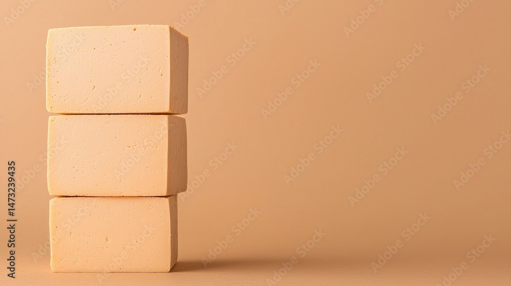 Poster three blocks of tofu stacked vertically against a plain beige background.