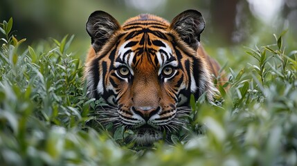 Fototapeta premium Tiger emerging from foliage, intense stare