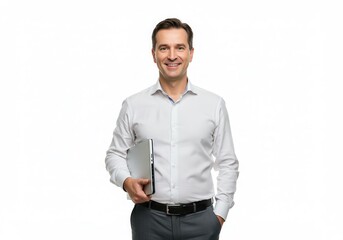 Fototapeta premium Smiling man in shirt holding laptop under arm against white background