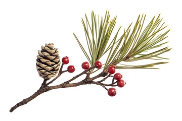 pine cones and red berries, pine branch adorned with two pinecones and a cluster of red berries