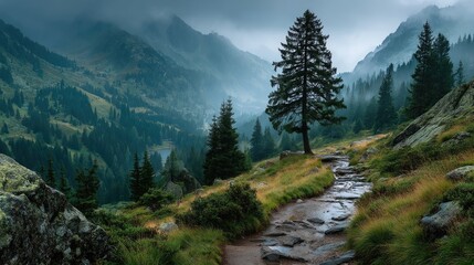 Obraz premium Foggy mountain path through pine forest nature landscape serene environment aerial view