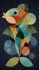 Colorful abstract fish design on a dark background.