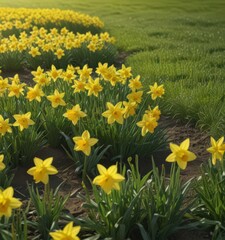 Sunlit daffodils burst forth in a vibrant yellow against a lush green field , wildlife, landscape, sunny