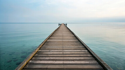 Obraz premium Wooden pier stretches into calm, clear turquoise waters under serene sky, evoking sense of peace and tranquility