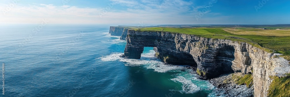 Poster dramatic coastal cliffs rise above crashing waves under clear skies with diagonal lines creating dyn