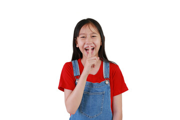Happy Asian girl child with finger on lips for silence gesture isolated on white studio background.