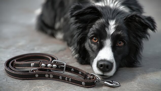 Border Collie resting beside a leather leash.