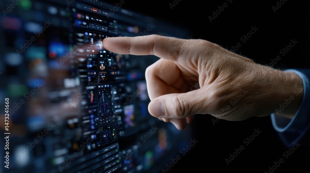 Poster A man is pointing at a screen with a finger
