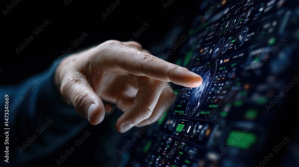 Poster a hand is pointing at a screen with a green dot