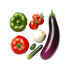 Fresh vegetables including green bell pepper, red tomatoes, onion, cucumber, and eggplant arranged beautifully, showcasing vibrant colors and healthy produce