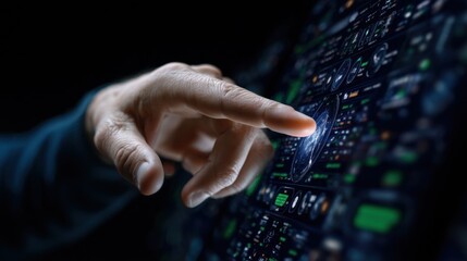 A hand is pointing at a screen with a green dot