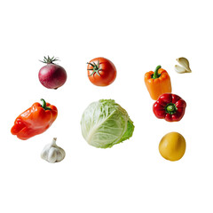Fresh vegetables including bell peppers, tomatoes, cabbage, garlic, and lemon create vibrant and healthy composition, perfect for promoting nutritious lifestyle